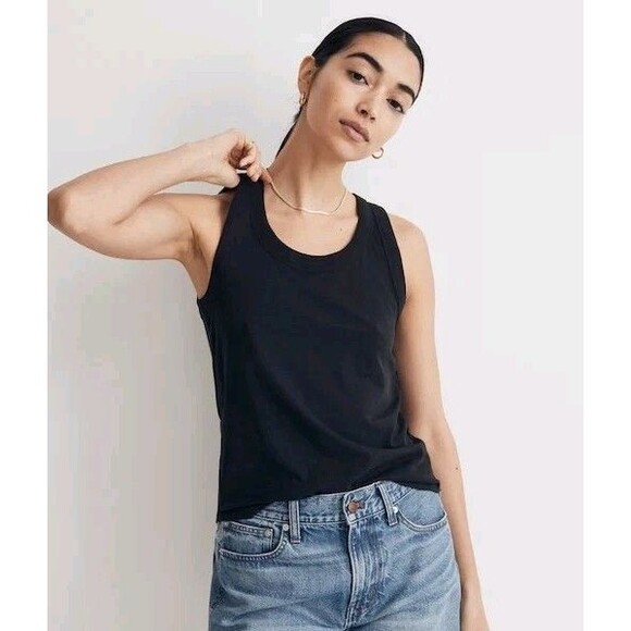 MADEWELL WOMEN'S TRUE BLACK WHISPER COTTON SCOOPNECK RIBBED TRIM TANK TOP Sz L - Picture 1 of 11